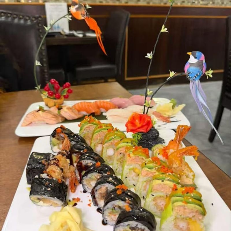 Assorted sushi rolls and sashimi with ginger and wasabi at Akagi, a Japanese restaurant in Rockville